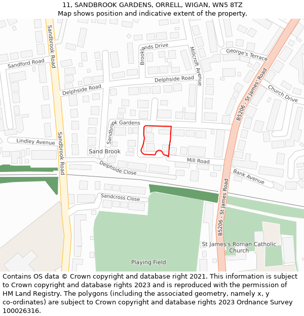 11, SANDBROOK GARDENS, ORRELL, WIGAN, WN5 8TZ: Location map and indicative extent of plot