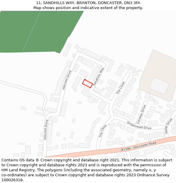 11, SANDHILLS WAY, BRANTON, DONCASTER, DN3 3FA: Location map and indicative extent of plot