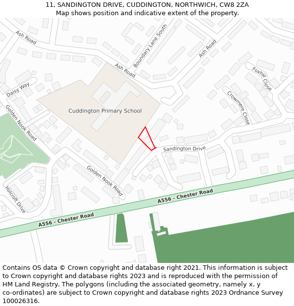 11, SANDINGTON DRIVE, CUDDINGTON, NORTHWICH, CW8 2ZA: Location map and indicative extent of plot