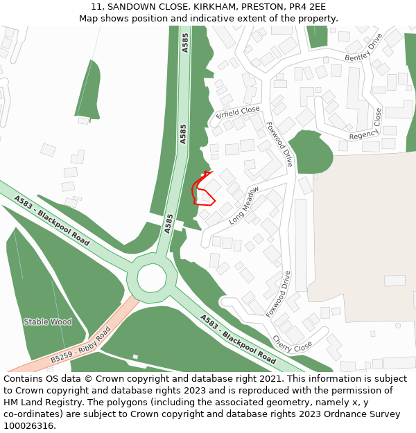 11, SANDOWN CLOSE, KIRKHAM, PRESTON, PR4 2EE: Location map and indicative extent of plot