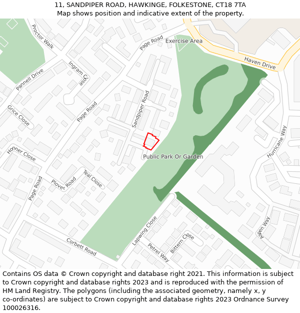 11, SANDPIPER ROAD, HAWKINGE, FOLKESTONE, CT18 7TA: Location map and indicative extent of plot