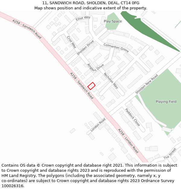 11, SANDWICH ROAD, SHOLDEN, DEAL, CT14 0FG: Location map and indicative extent of plot