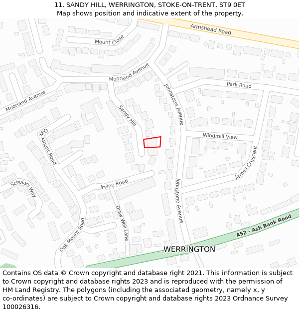 11, SANDY HILL, WERRINGTON, STOKE-ON-TRENT, ST9 0ET: Location map and indicative extent of plot