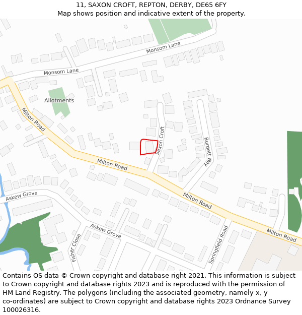 11, SAXON CROFT, REPTON, DERBY, DE65 6FY: Location map and indicative extent of plot