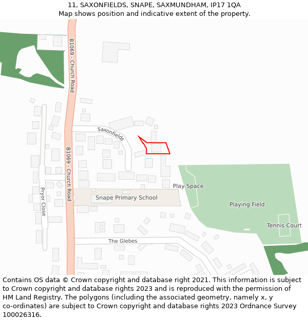 11, SAXONFIELDS, SNAPE, SAXMUNDHAM, IP17 1QA: Location map and indicative extent of plot