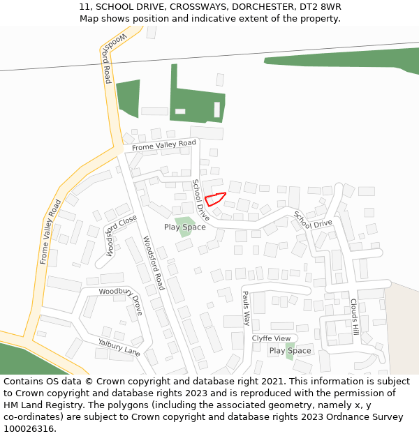 11, SCHOOL DRIVE, CROSSWAYS, DORCHESTER, DT2 8WR: Location map and indicative extent of plot