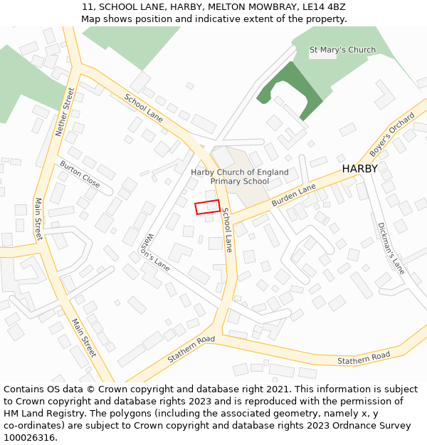 11, SCHOOL LANE, HARBY, MELTON MOWBRAY, LE14 4BZ: Location map and indicative extent of plot