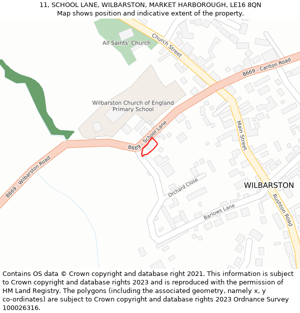 11, SCHOOL LANE, WILBARSTON, MARKET HARBOROUGH, LE16 8QN: Location map and indicative extent of plot