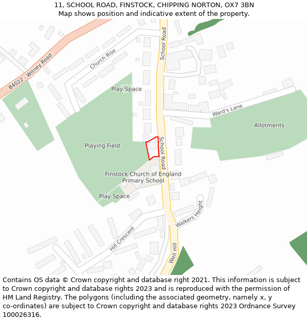 11, SCHOOL ROAD, FINSTOCK, CHIPPING NORTON, OX7 3BN: Location map and indicative extent of plot