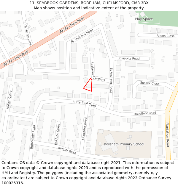 11, SEABROOK GARDENS, BOREHAM, CHELMSFORD, CM3 3BX: Location map and indicative extent of plot