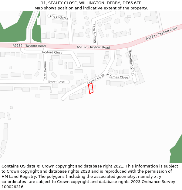 11, SEALEY CLOSE, WILLINGTON, DERBY, DE65 6EP: Location map and indicative extent of plot