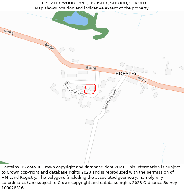 11, SEALEY WOOD LANE, HORSLEY, STROUD, GL6 0FD: Location map and indicative extent of plot