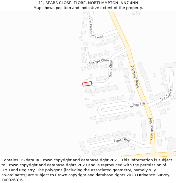 11, SEARS CLOSE, FLORE, NORTHAMPTON, NN7 4NN: Location map and indicative extent of plot