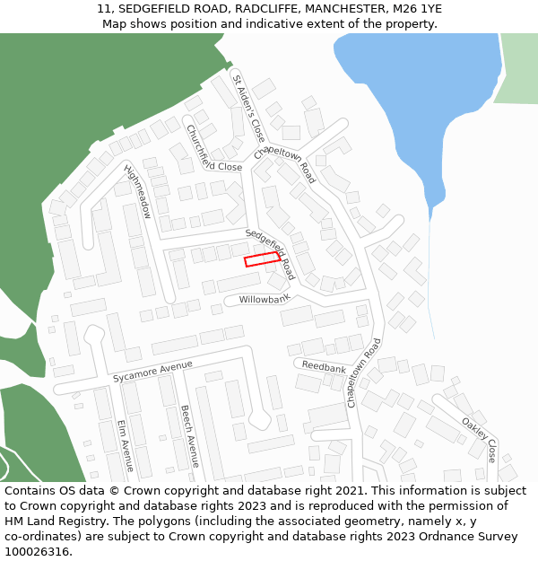 11, SEDGEFIELD ROAD, RADCLIFFE, MANCHESTER, M26 1YE: Location map and indicative extent of plot