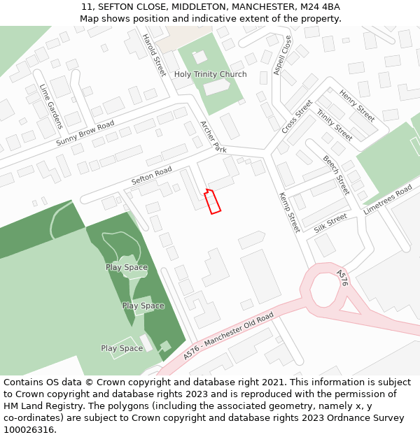 11, SEFTON CLOSE, MIDDLETON, MANCHESTER, M24 4BA: Location map and indicative extent of plot