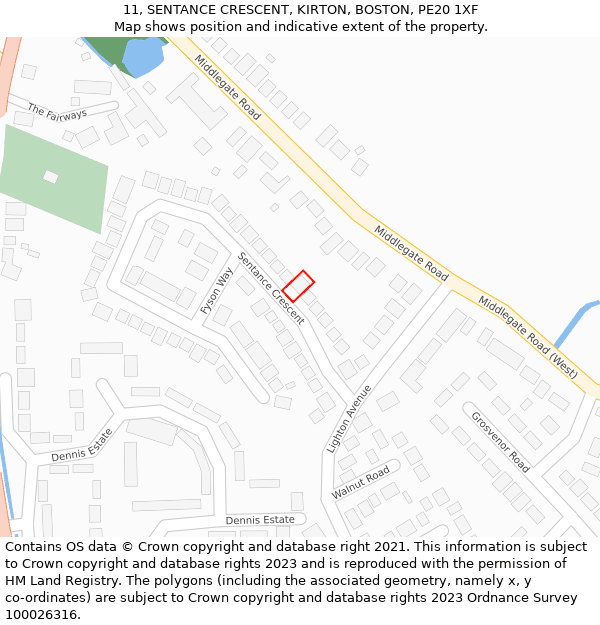 11, SENTANCE CRESCENT, KIRTON, BOSTON, PE20 1XF: Location map and indicative extent of plot