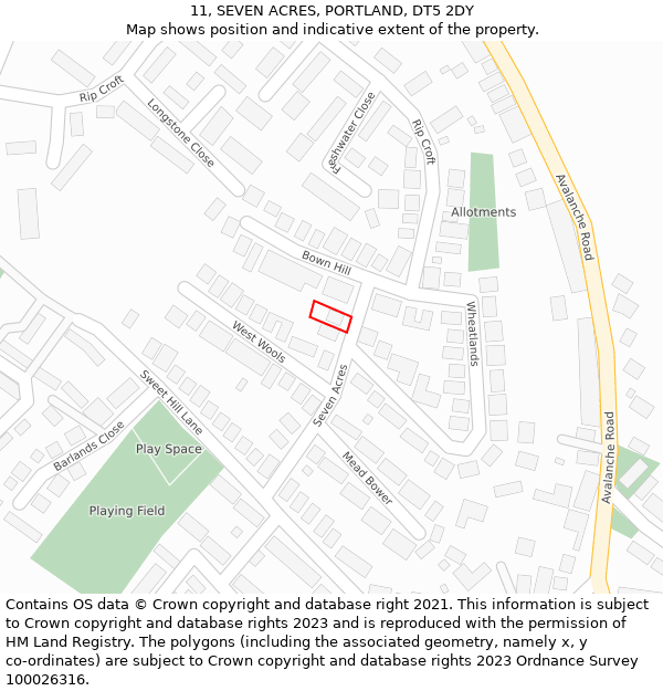 11, SEVEN ACRES, PORTLAND, DT5 2DY: Location map and indicative extent of plot