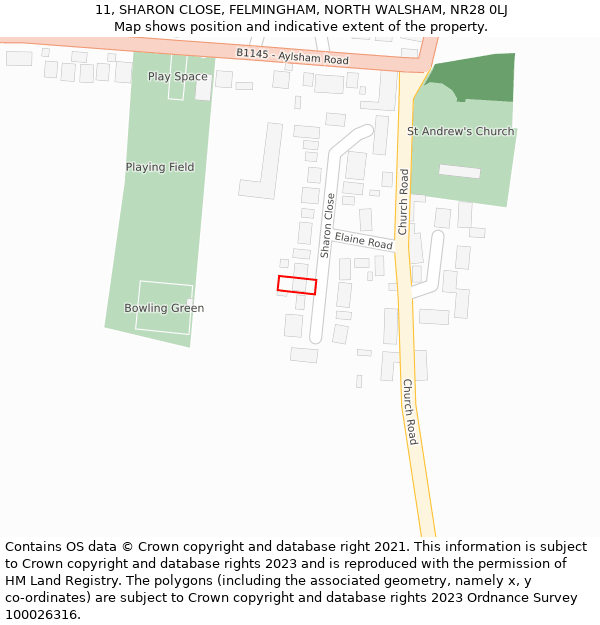 11, SHARON CLOSE, FELMINGHAM, NORTH WALSHAM, NR28 0LJ: Location map and indicative extent of plot