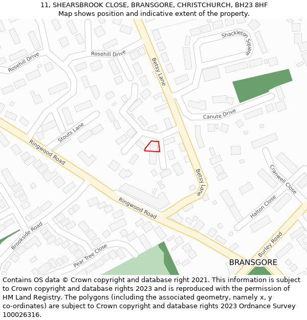 11, SHEARSBROOK CLOSE, BRANSGORE, CHRISTCHURCH, BH23 8HF: Location map and indicative extent of plot