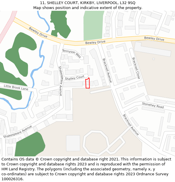 11, SHELLEY COURT, KIRKBY, LIVERPOOL, L32 9SQ: Location map and indicative extent of plot