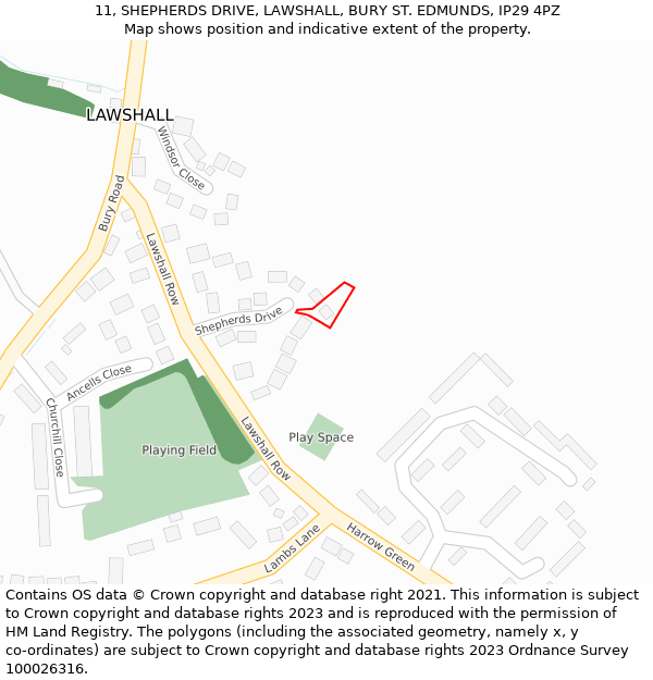 11, SHEPHERDS DRIVE, LAWSHALL, BURY ST. EDMUNDS, IP29 4PZ: Location map and indicative extent of plot