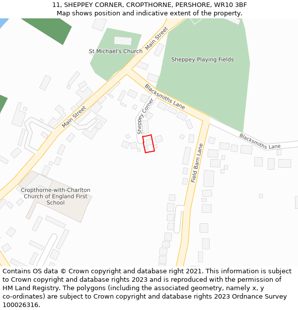 11, SHEPPEY CORNER, CROPTHORNE, PERSHORE, WR10 3BF: Location map and indicative extent of plot