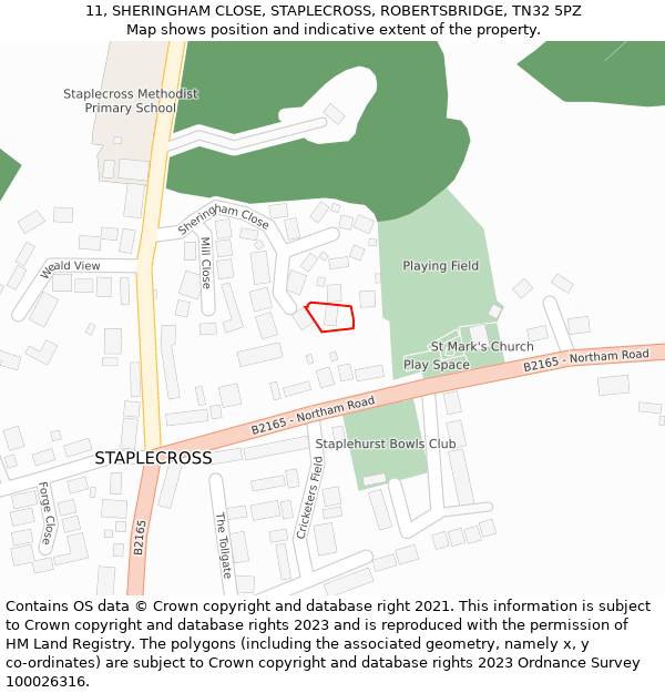 11, SHERINGHAM CLOSE, STAPLECROSS, ROBERTSBRIDGE, TN32 5PZ: Location map and indicative extent of plot