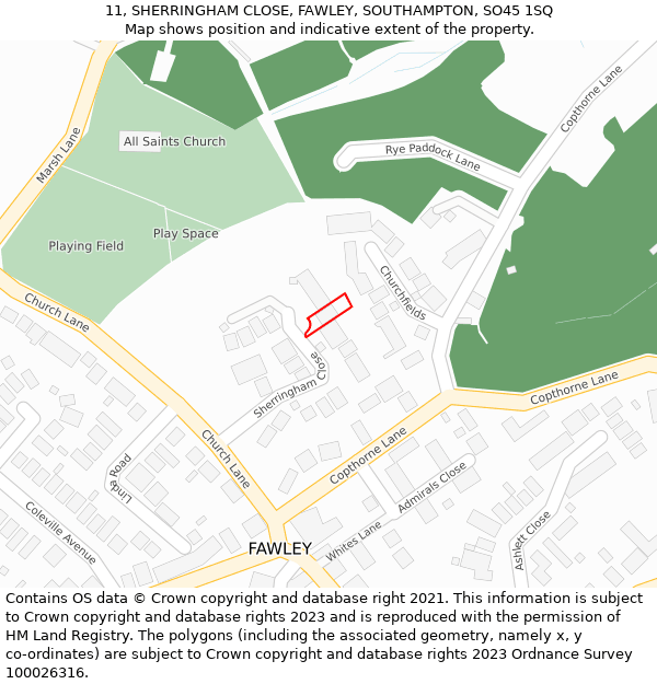 11, SHERRINGHAM CLOSE, FAWLEY, SOUTHAMPTON, SO45 1SQ: Location map and indicative extent of plot