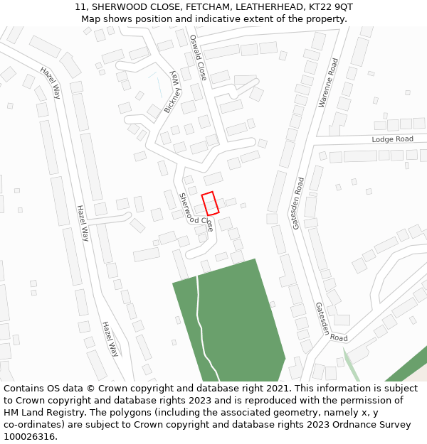 11, SHERWOOD CLOSE, FETCHAM, LEATHERHEAD, KT22 9QT: Location map and indicative extent of plot