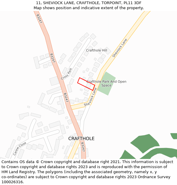 11, SHEVIOCK LANE, CRAFTHOLE, TORPOINT, PL11 3DF: Location map and indicative extent of plot