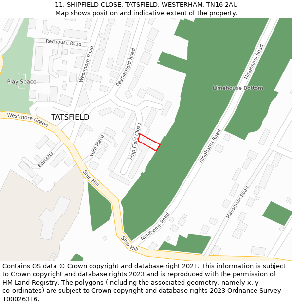 11, SHIPFIELD CLOSE, TATSFIELD, WESTERHAM, TN16 2AU: Location map and indicative extent of plot