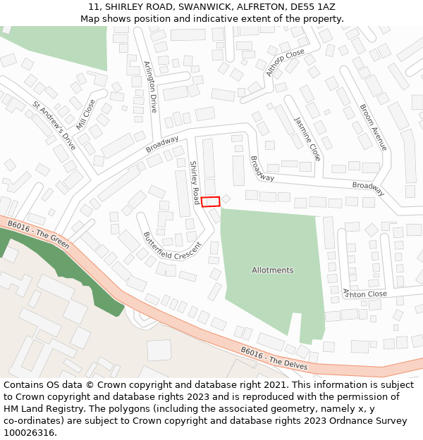 11, SHIRLEY ROAD, SWANWICK, ALFRETON, DE55 1AZ: Location map and indicative extent of plot