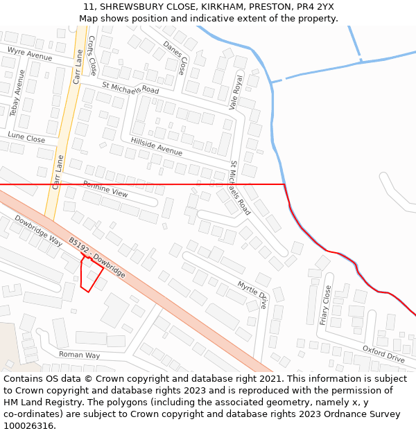 11, SHREWSBURY CLOSE, KIRKHAM, PRESTON, PR4 2YX: Location map and indicative extent of plot