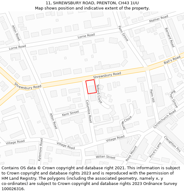 11, SHREWSBURY ROAD, PRENTON, CH43 1UU: Location map and indicative extent of plot