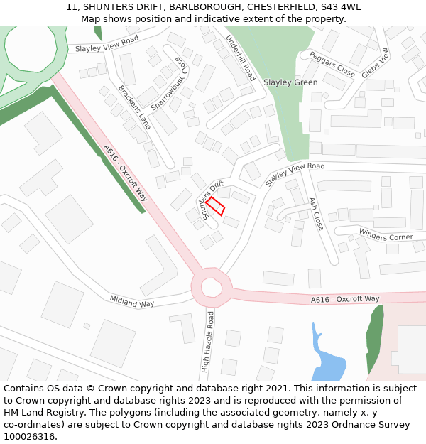 11, SHUNTERS DRIFT, BARLBOROUGH, CHESTERFIELD, S43 4WL: Location map and indicative extent of plot