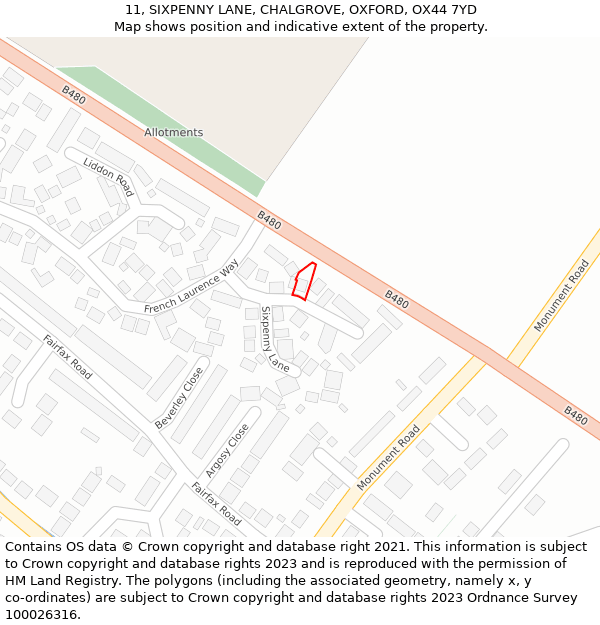 11, SIXPENNY LANE, CHALGROVE, OXFORD, OX44 7YD: Location map and indicative extent of plot