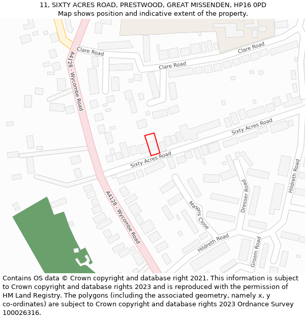 11, SIXTY ACRES ROAD, PRESTWOOD, GREAT MISSENDEN, HP16 0PD: Location map and indicative extent of plot