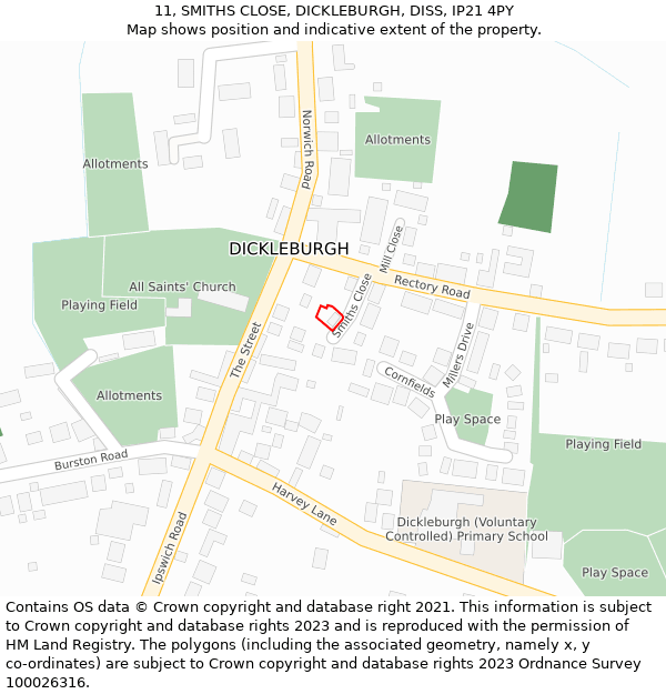 11, SMITHS CLOSE, DICKLEBURGH, DISS, IP21 4PY: Location map and indicative extent of plot