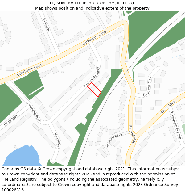 11, SOMERVILLE ROAD, COBHAM, KT11 2QT: Location map and indicative extent of plot