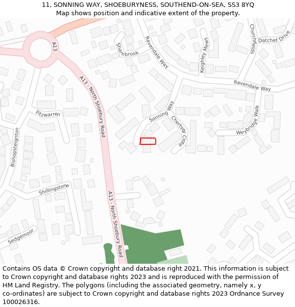 11, SONNING WAY, SHOEBURYNESS, SOUTHEND-ON-SEA, SS3 8YQ: Location map and indicative extent of plot