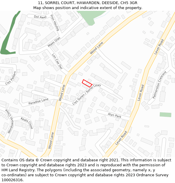 11, SORREL COURT, HAWARDEN, DEESIDE, CH5 3GR: Location map and indicative extent of plot