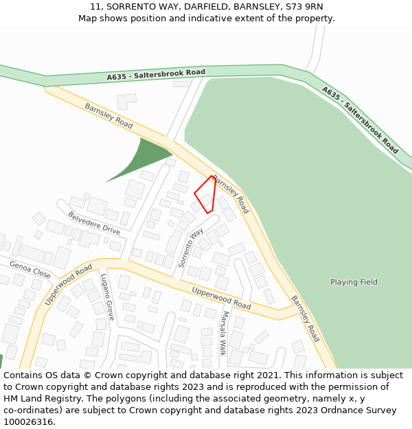 11, SORRENTO WAY, DARFIELD, BARNSLEY, S73 9RN: Location map and indicative extent of plot