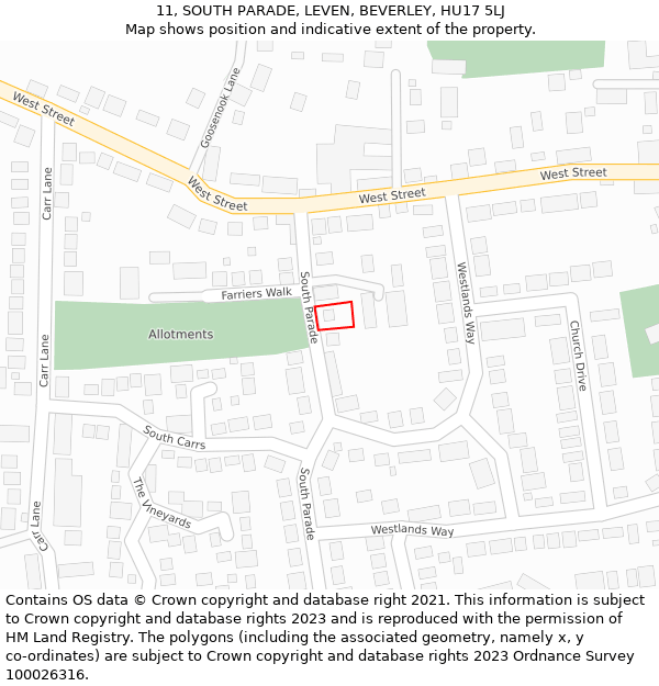 11, SOUTH PARADE, LEVEN, BEVERLEY, HU17 5LJ: Location map and indicative extent of plot