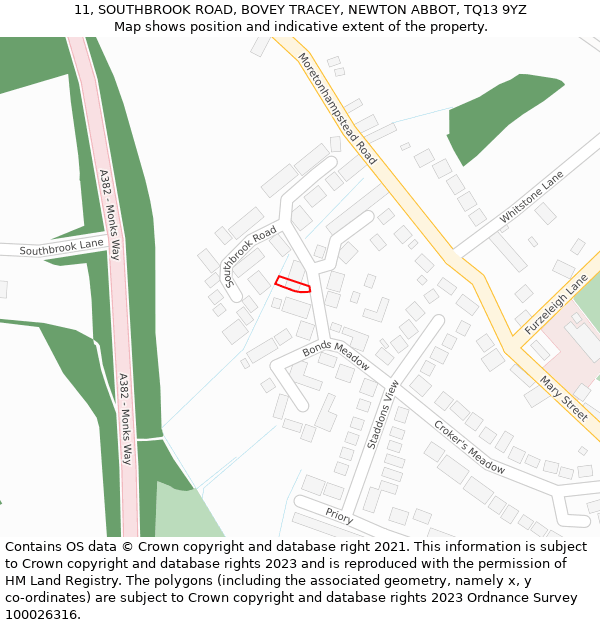 11, SOUTHBROOK ROAD, BOVEY TRACEY, NEWTON ABBOT, TQ13 9YZ: Location map and indicative extent of plot