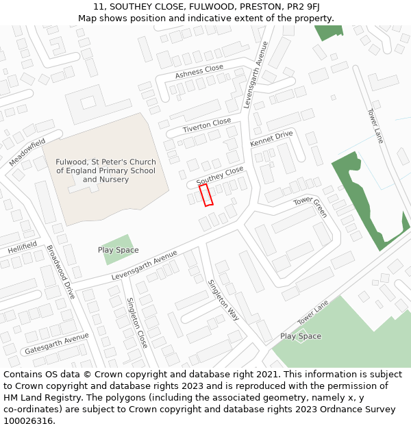 11, SOUTHEY CLOSE, FULWOOD, PRESTON, PR2 9FJ: Location map and indicative extent of plot