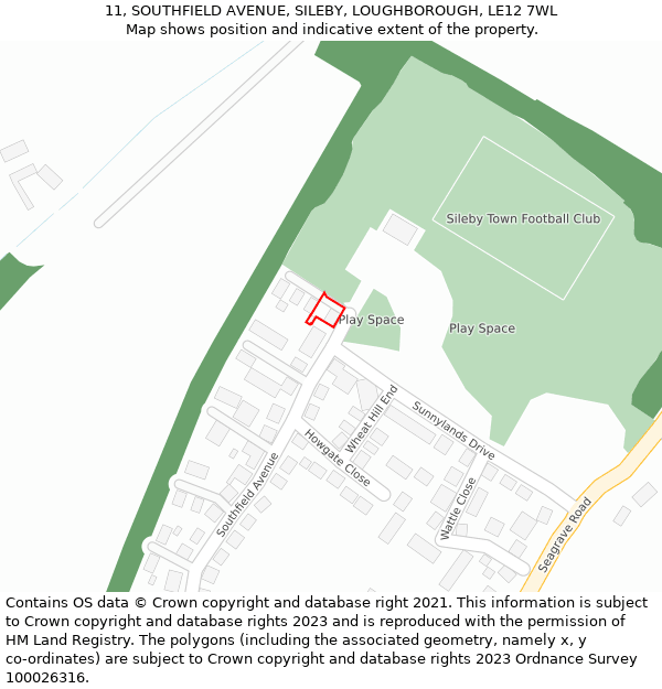 11, SOUTHFIELD AVENUE, SILEBY, LOUGHBOROUGH, LE12 7WL: Location map and indicative extent of plot