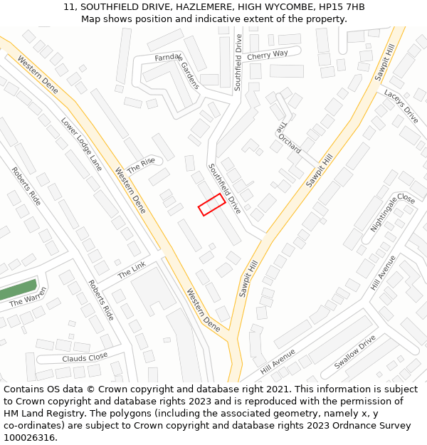 11, SOUTHFIELD DRIVE, HAZLEMERE, HIGH WYCOMBE, HP15 7HB: Location map and indicative extent of plot