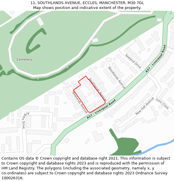 11, SOUTHLANDS AVENUE, ECCLES, MANCHESTER, M30 7GL: Location map and indicative extent of plot