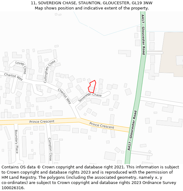 11, SOVEREIGN CHASE, STAUNTON, GLOUCESTER, GL19 3NW: Location map and indicative extent of plot