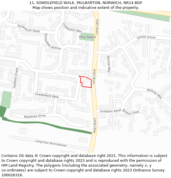 11, SOWDLEFIELD WALK, MULBARTON, NORWICH, NR14 8GP: Location map and indicative extent of plot